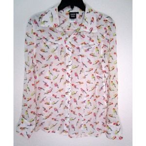 Sharon Young Women's 6 Button Up Lightweight Blouse Shirt Bird Print Long Sleeve